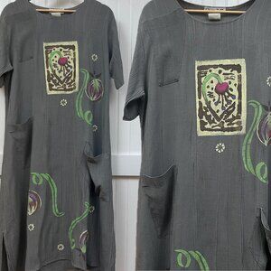 Crazy Fish Art-to-Wear Short Sleeve Dress Pockets & Floral Print XL Vintage 90s